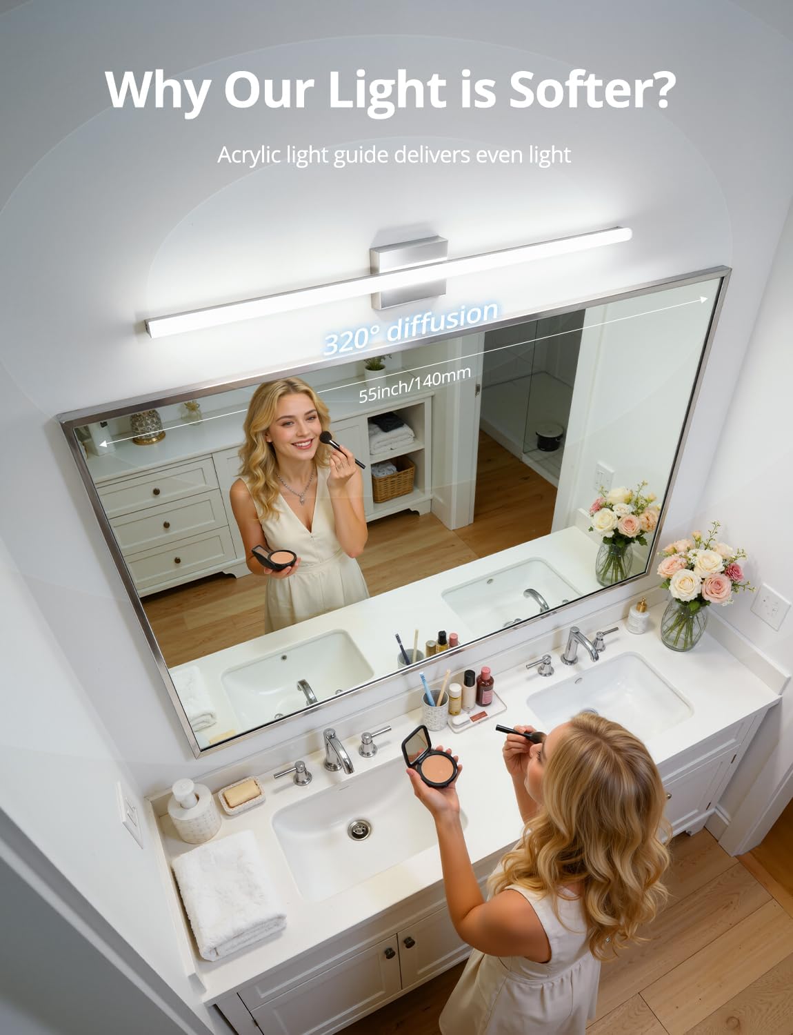 2 Pack Battery Operated Bathroom Mirror Lights Bar for Vanity Stick on, Rechargeable 14 Days Extended Battery Life Bright Make up Lighting Cordless 360° Adjustable Luces para Espejo for Desk