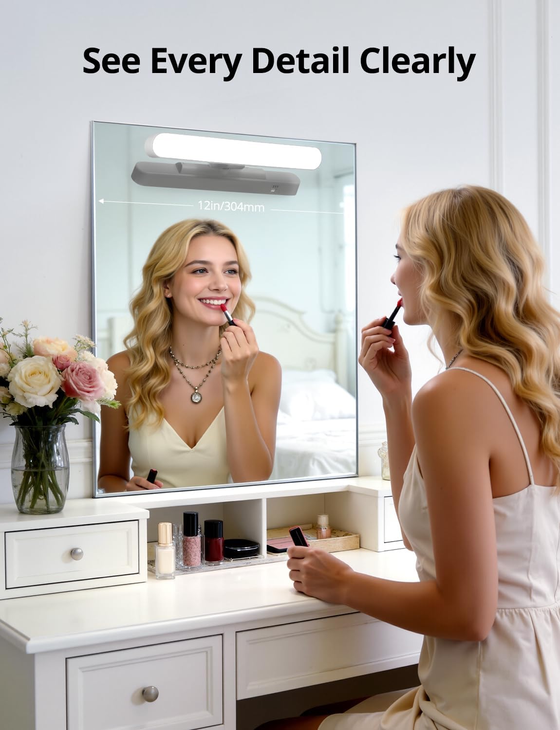 2 Pack Battery Operated Bathroom Mirror Lights Bar for Vanity Stick on, Rechargeable 14 Days Extended Battery Life Bright Make up Lighting Cordless 360° Adjustable Luces para Espejo for Desk