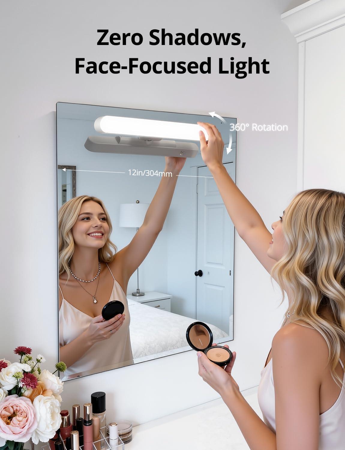 2 Pack Battery Operated Bathroom Mirror Lights Bar for Vanity Stick on, Rechargeable 14 Days Extended Battery Life Bright Make up Lighting Cordless 360° Adjustable Luces para Espejo for Desk