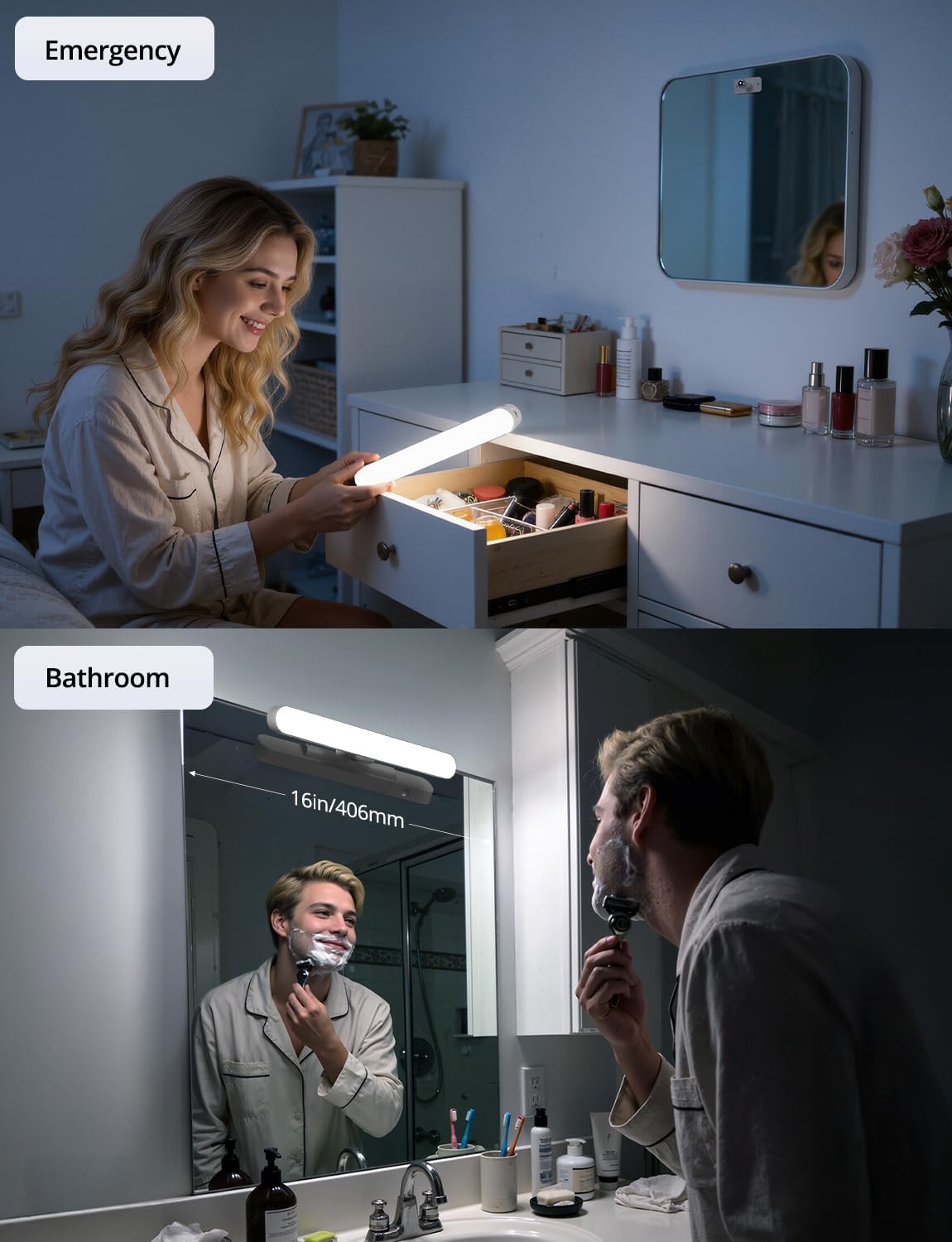 2 Pack Battery Operated Bathroom Mirror Lights Bar for Vanity Stick on, Rechargeable 14 Days Extended Battery Life Bright Make up Lighting Cordless 360° Adjustable Luces para Espejo for Desk