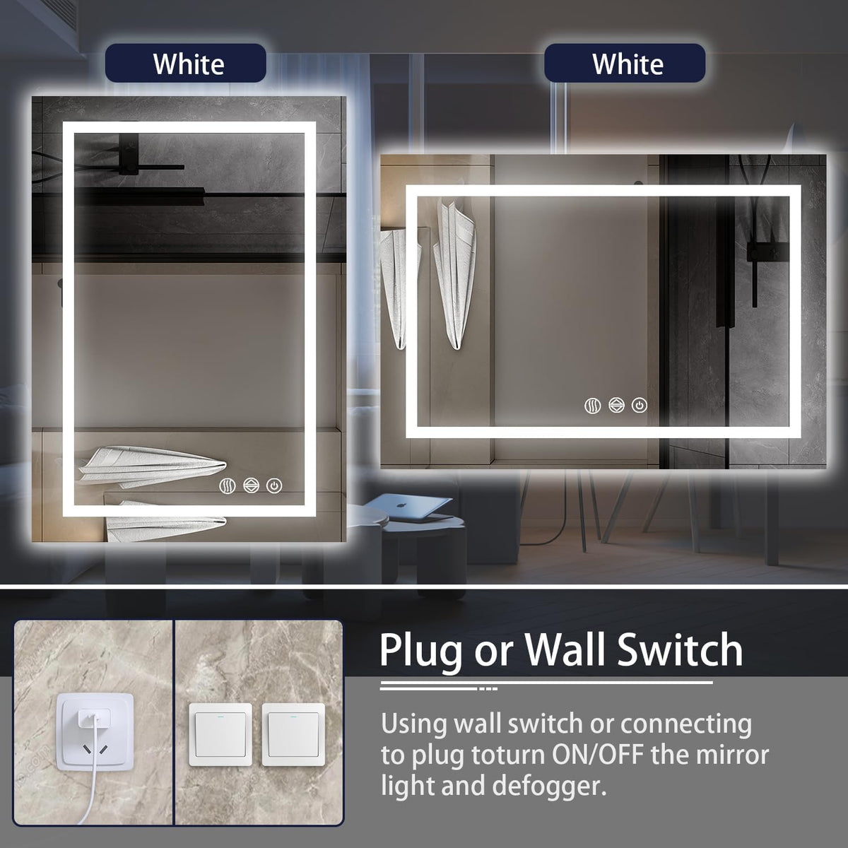 48x36 LED Bathroom Mirror with Light, Anti-Fog, 3 Colors - Colors A