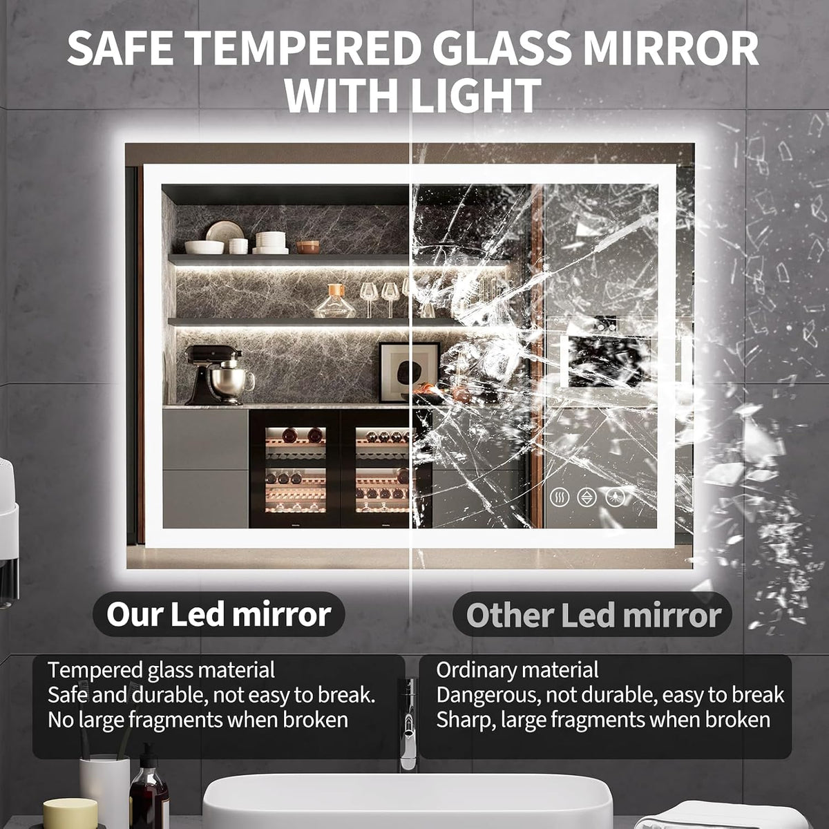 48x36 LED Bathroom Mirror with Light, Anti-Fog, 3 Colors - Colors A
