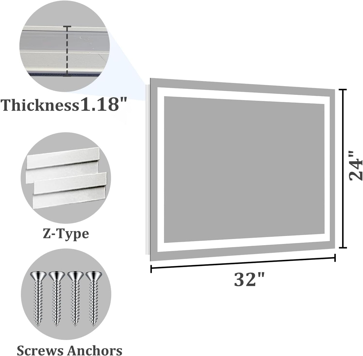 48x36 LED Bathroom Mirror with Light, Anti-Fog, 3 Colors - Colors A