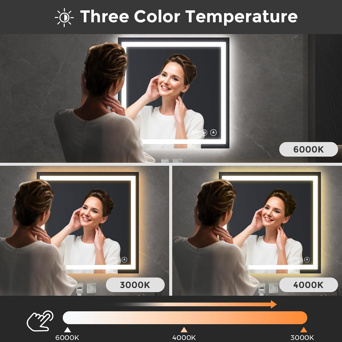 48x36 LED Bathroom Mirror with Light, Anti-Fog, 3 Colors - Colors A