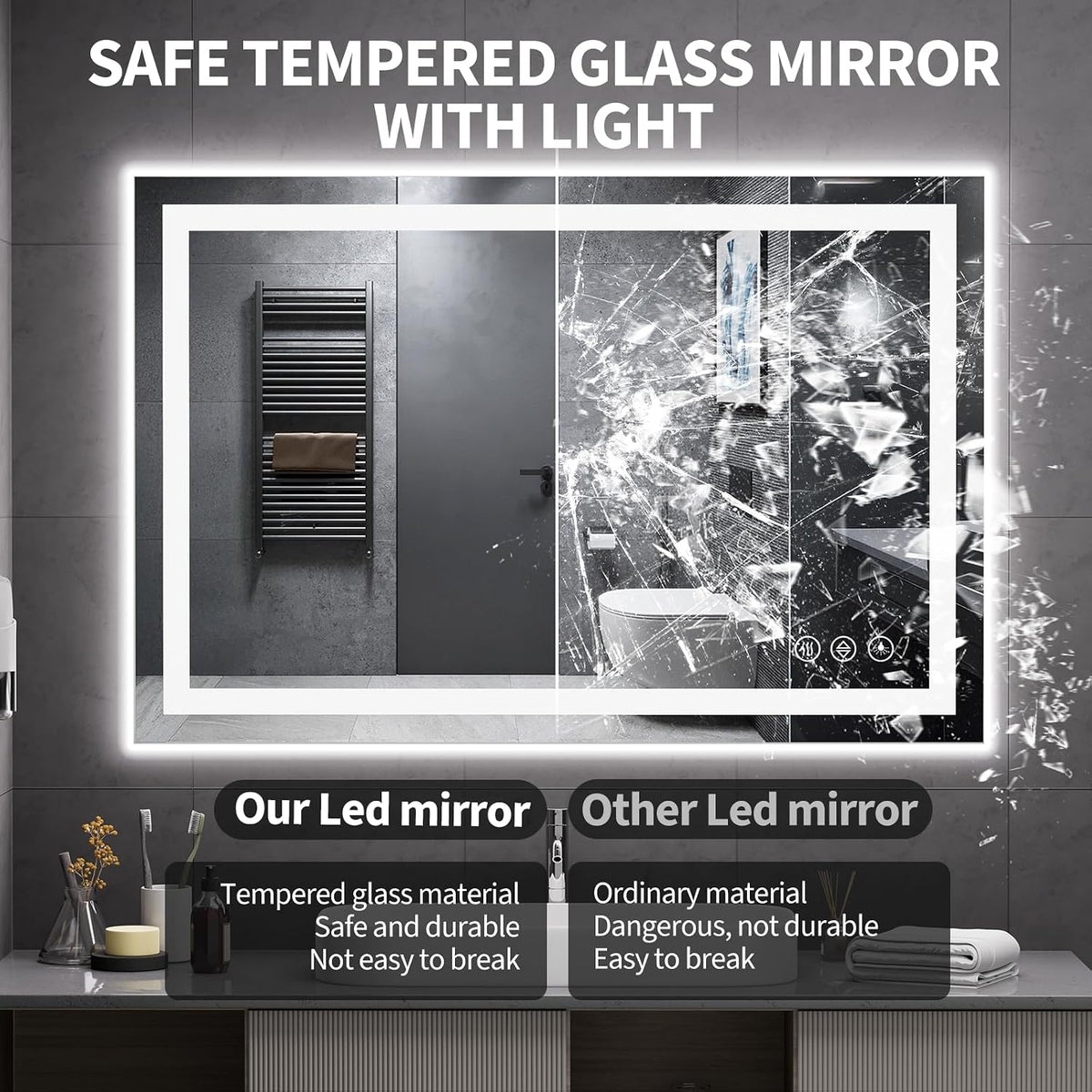 48x36 LED Bathroom Mirror with Light, Anti-Fog, 3 Colors - Colors A