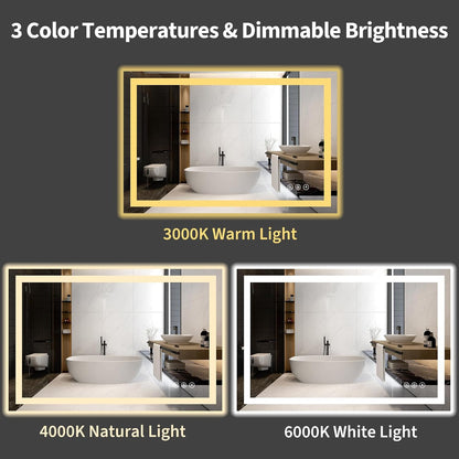 48x36 LED Bathroom Mirror with Light, Anti-Fog, 3 Colors - Colors A
