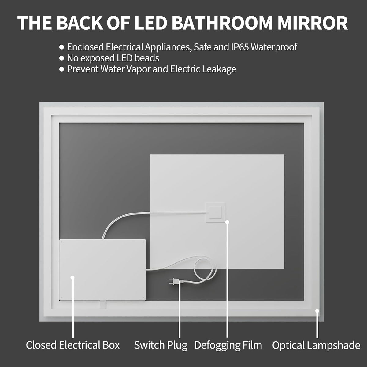 48x36 LED Bathroom Mirror with Light, Anti-Fog, 3 Colors - Colors A