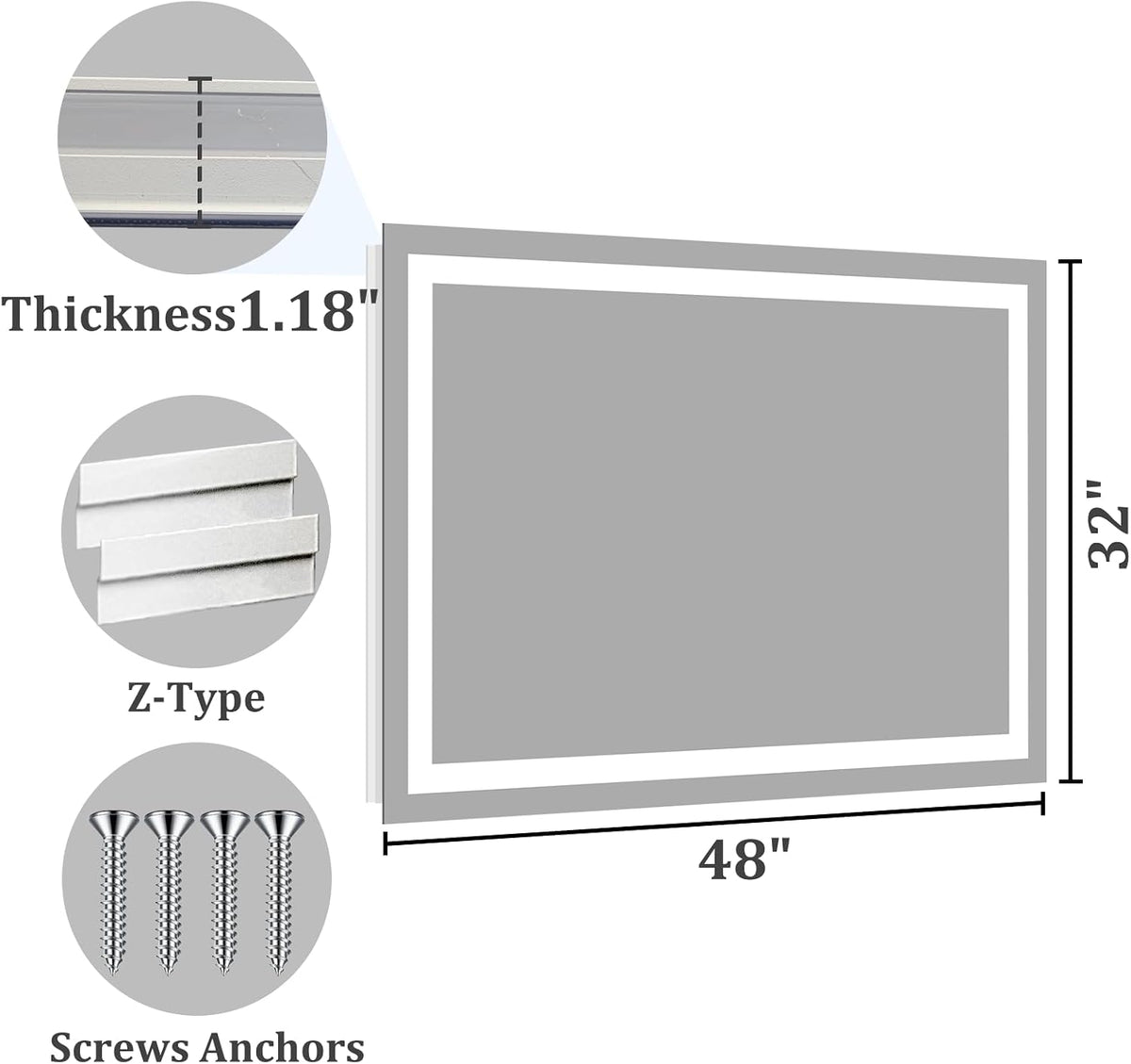 48x36 LED Bathroom Mirror with Light, Anti-Fog, 3 Colors - Colors A