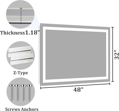 48x36 LED Bathroom Mirror with Light, Anti-Fog, 3 Colors - Colors A