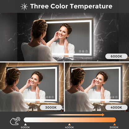 48x36 LED Bathroom Mirror with Light, Anti-Fog, 3 Colors - Colors A