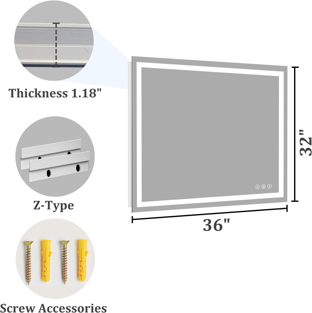 48x36 LED Bathroom Mirror with Light, Anti-Fog, 3 Colors - Colors A