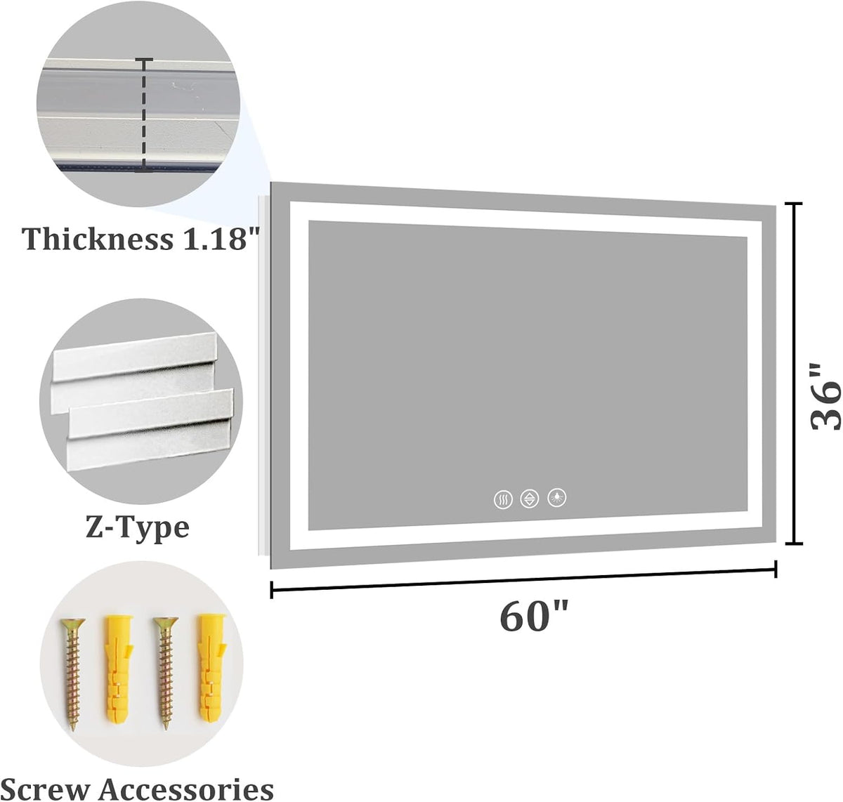 48x36 LED Bathroom Mirror with Light, Anti-Fog, 3 Colors - Colors A
