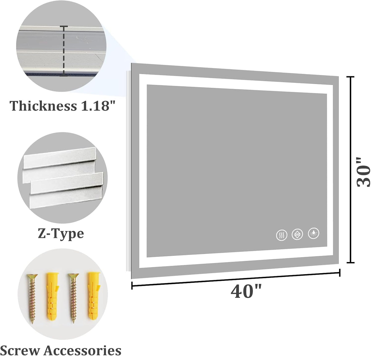 48x36 LED Bathroom Mirror with Light, Anti-Fog, 3 Colors - Colors A