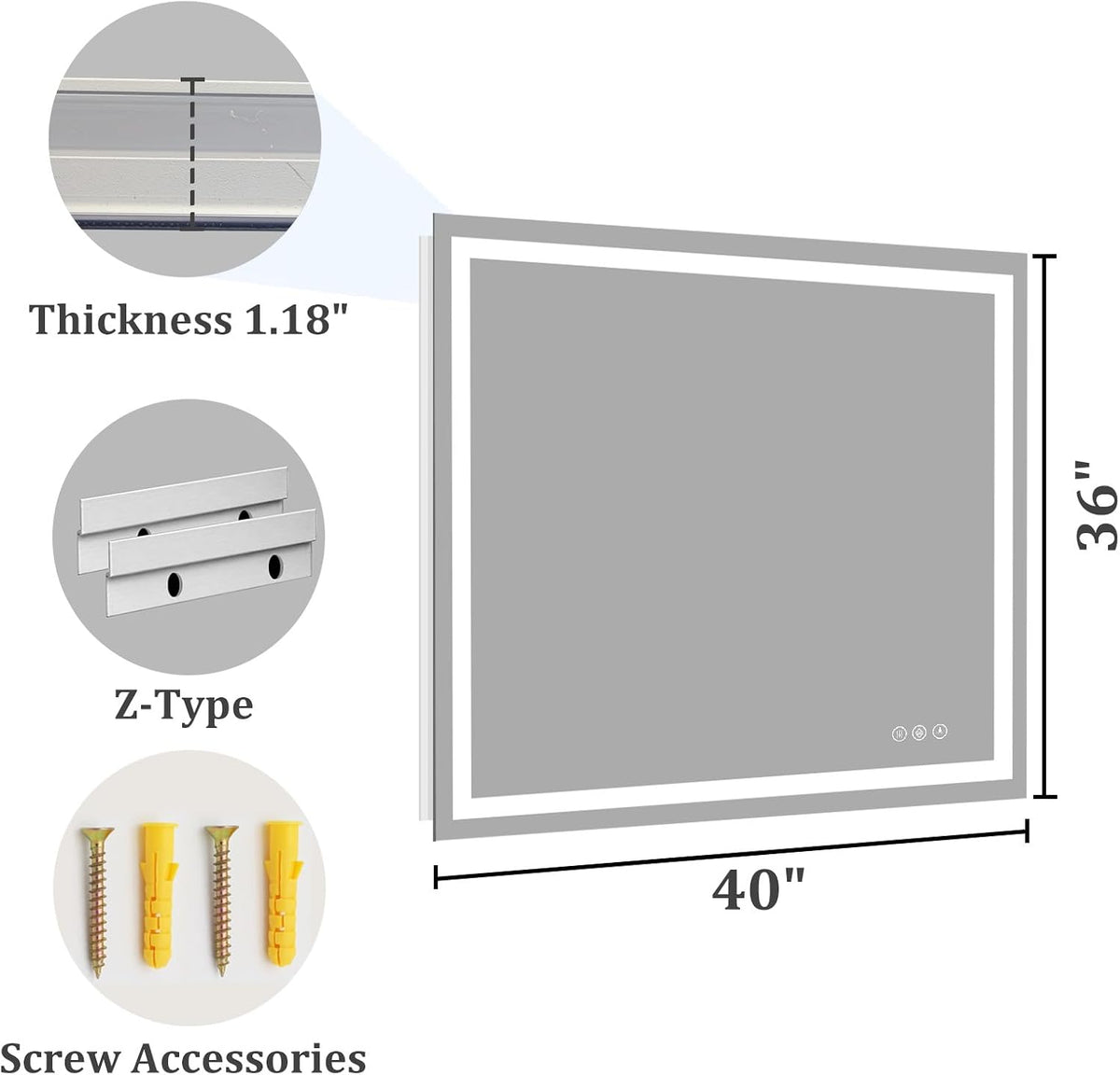 48x36 LED Bathroom Mirror with Light, Anti-Fog, 3 Colors - Colors A