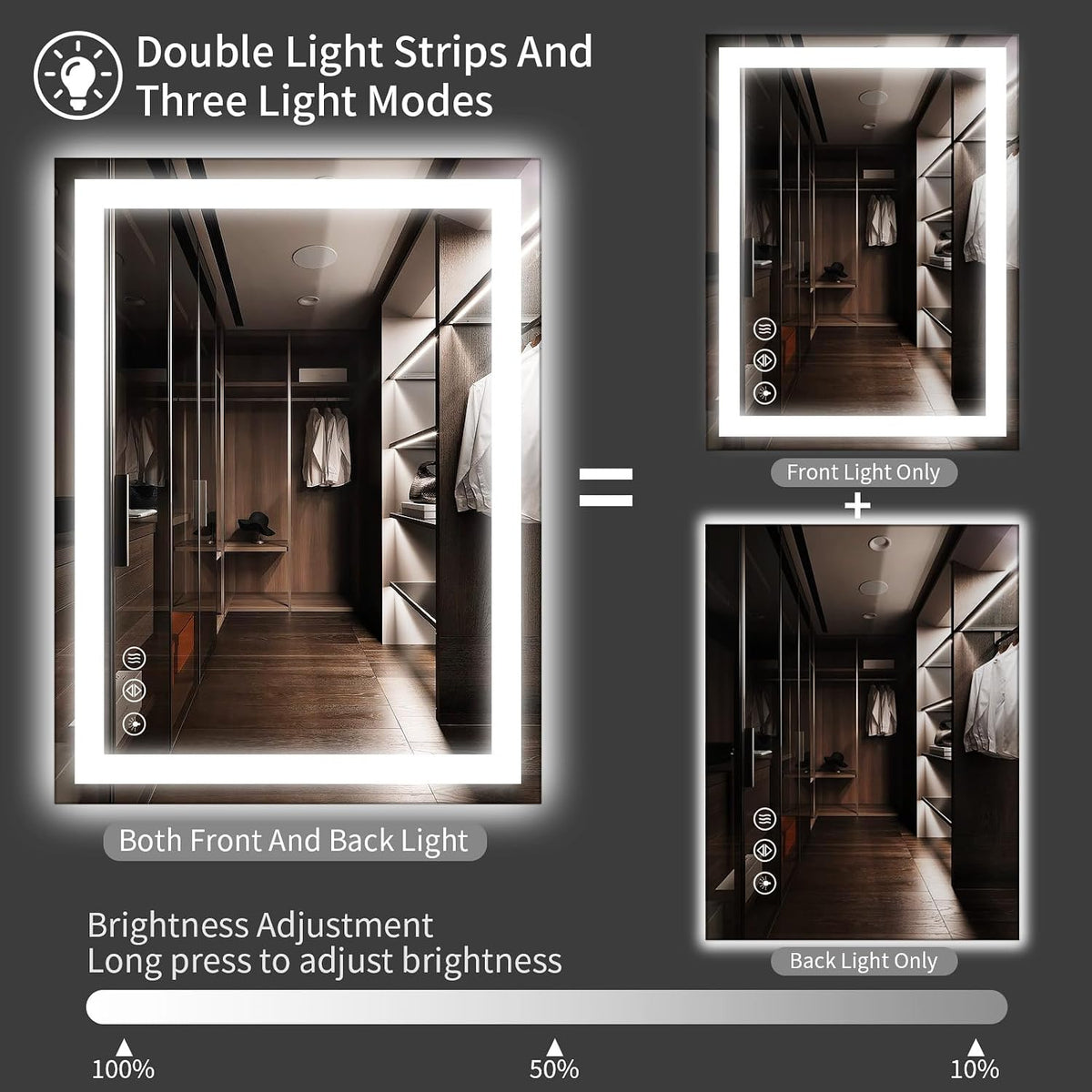 48x36 LED Bathroom Mirror with Light, Anti-Fog, 3 Colors - Colors A