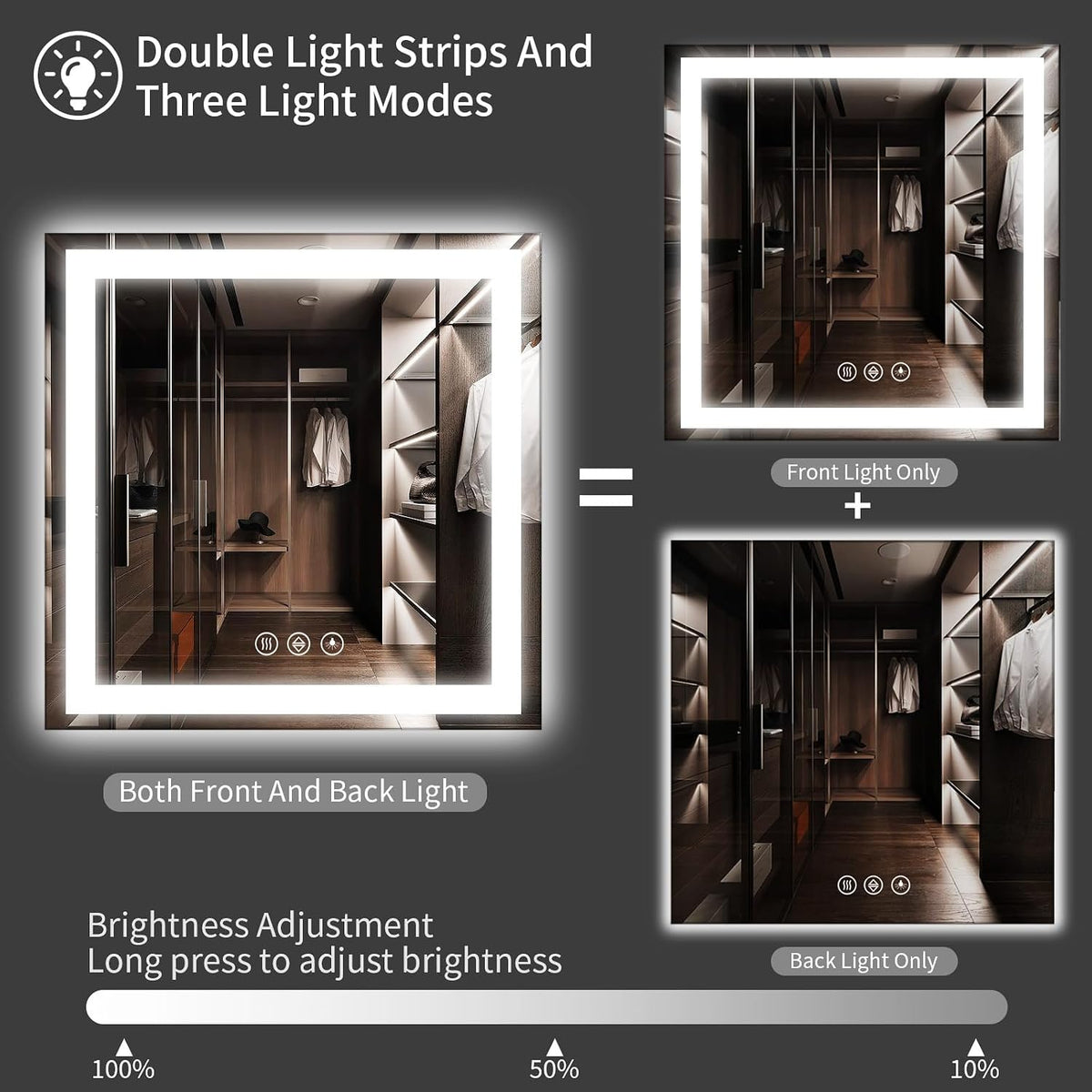 48x36 LED Bathroom Mirror with Light, Anti-Fog, 3 Colors - Colors A