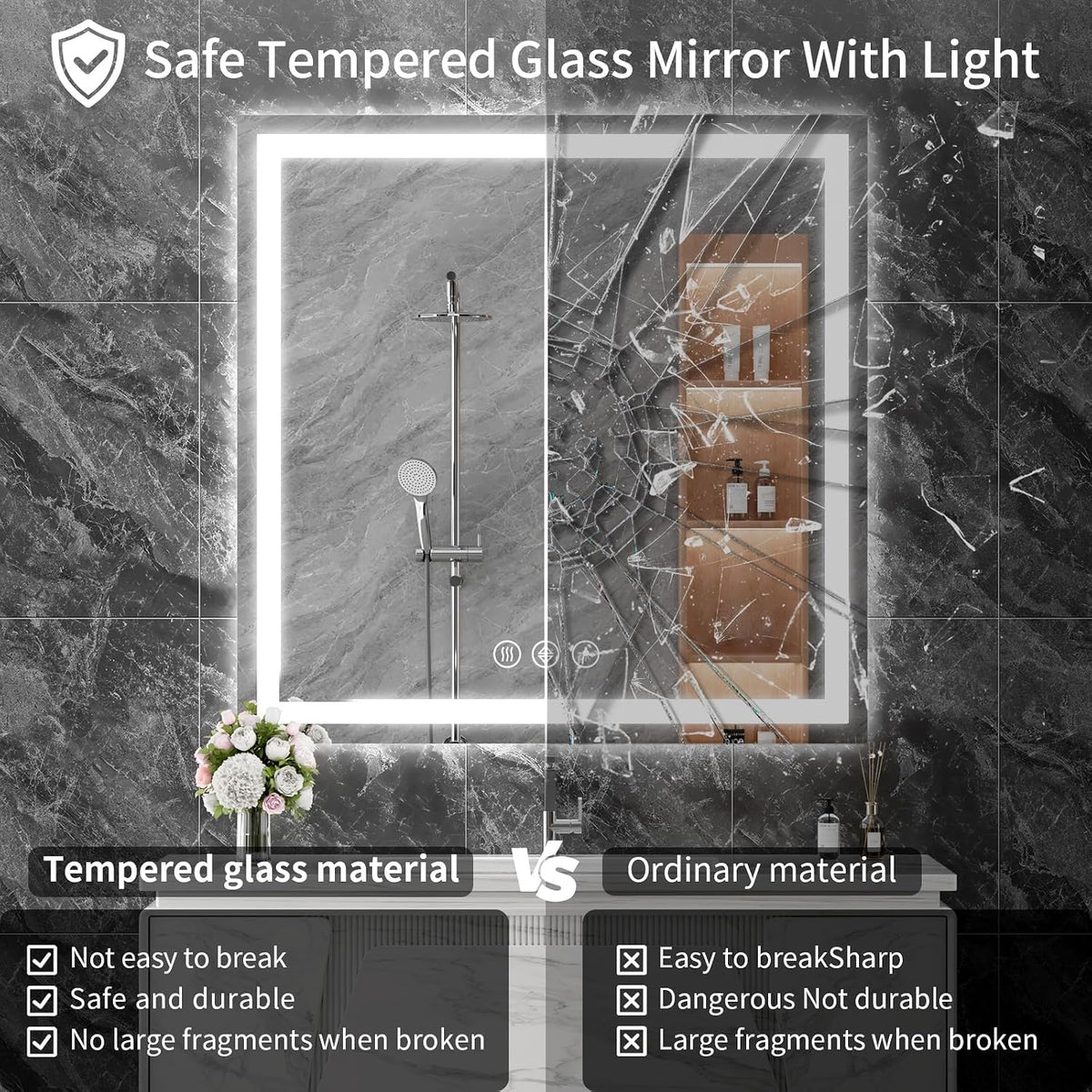 48x36 LED Bathroom Mirror with Light, Anti-Fog, 3 Colors - Colors A