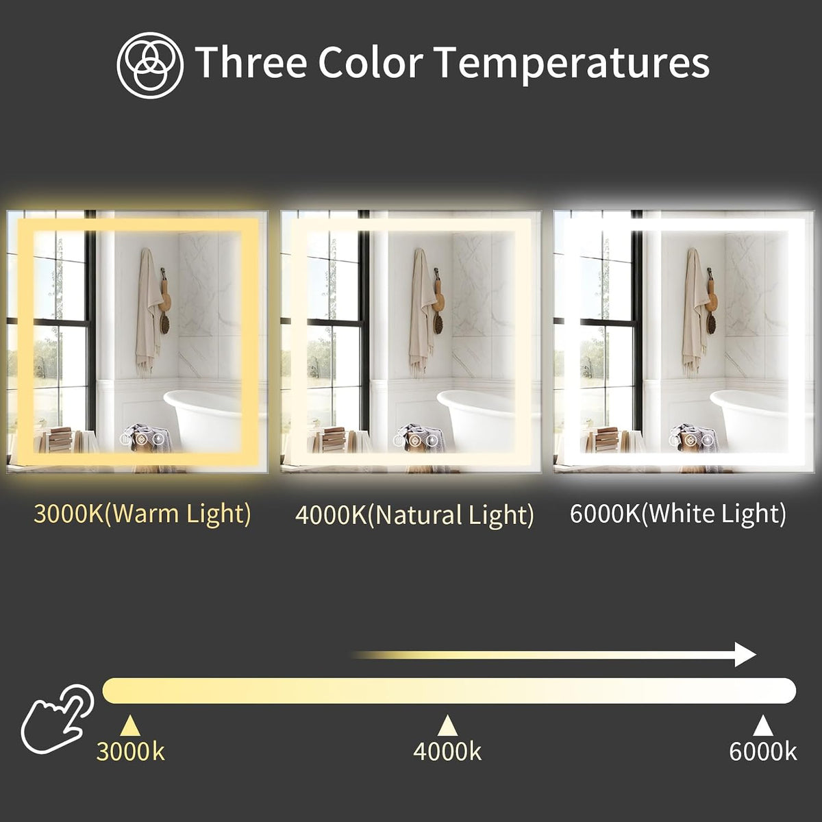48x36 LED Bathroom Mirror with Light, Anti-Fog, 3 Colors - Colors A