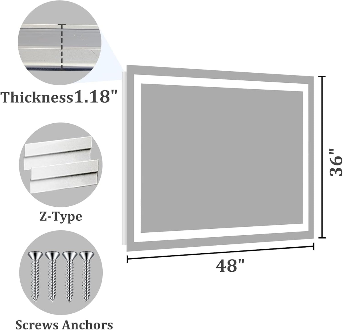 48x36 LED Bathroom Mirror with Light, Anti-Fog, 3 Colors - Colors A