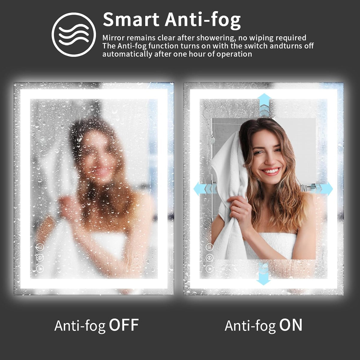 48x36 LED Bathroom Mirror with Light, Anti-Fog, 3 Colors - Colors A