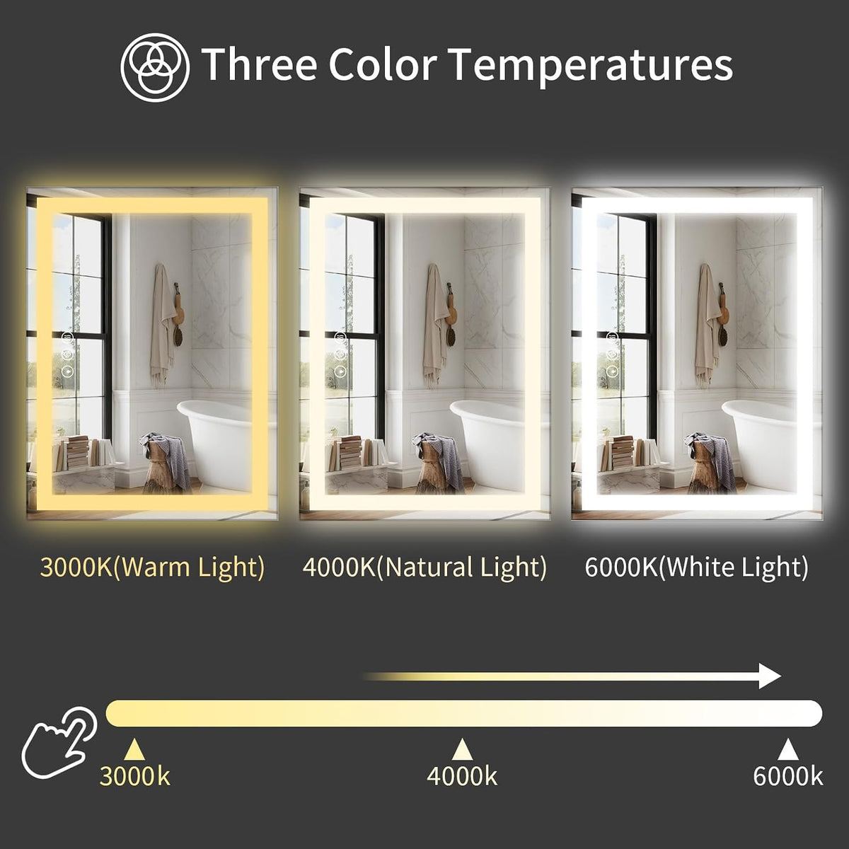 48x36 LED Bathroom Mirror with Light, Anti-Fog, 3 Colors - Colors A