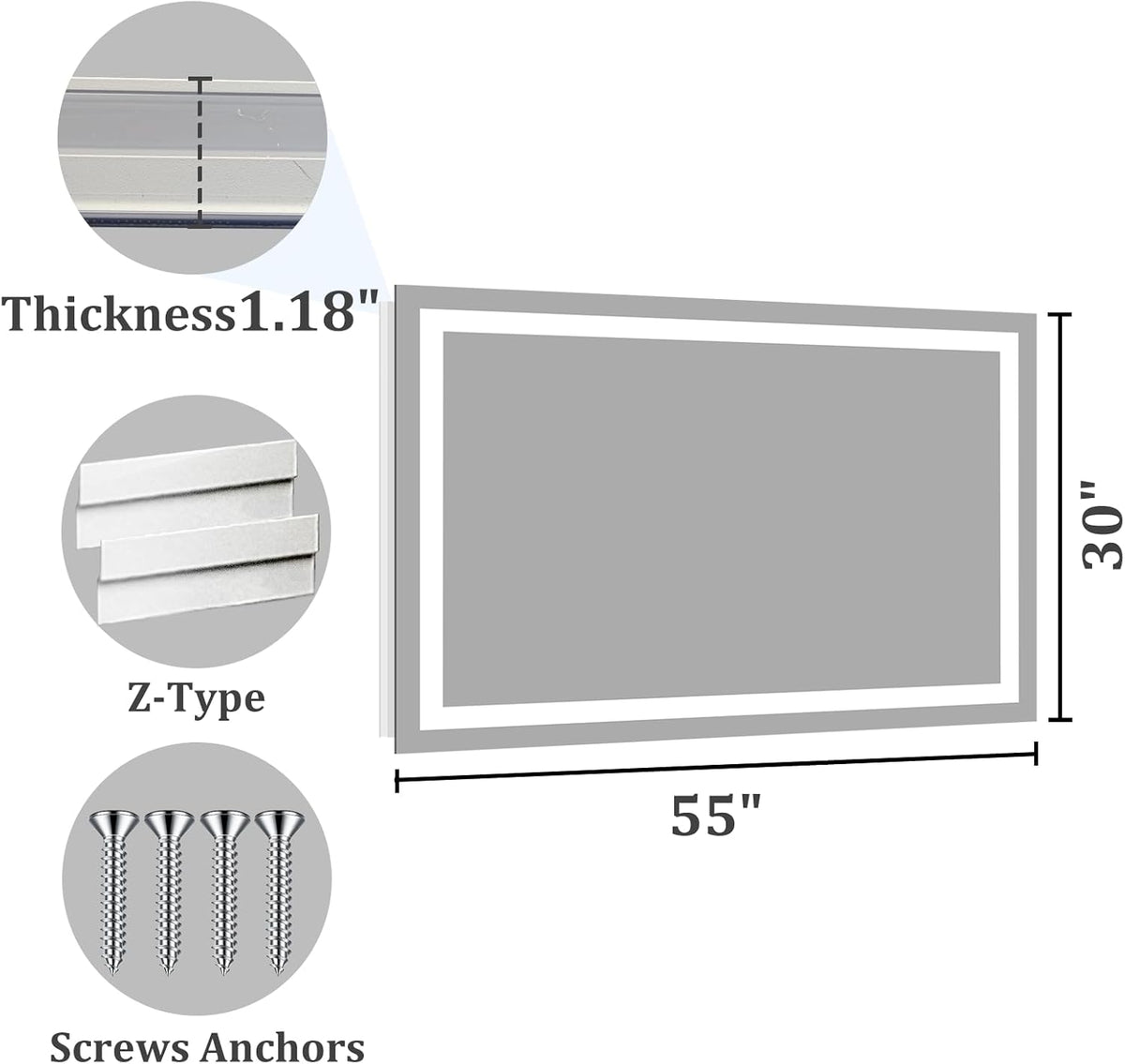 48x36 LED Bathroom Mirror with Light, Anti-Fog, 3 Colors - Colors A