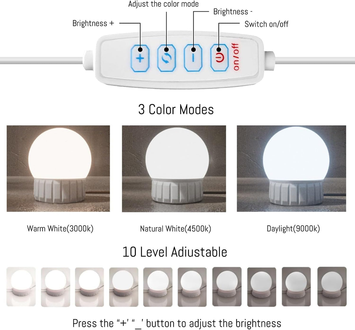 Hollywood Style LED Vanity Mirror Lights, USB Makeup Fill Light Adjustable Brightness & Color, Stick On for Dressing Room Bathroom, 14 Bulbs
