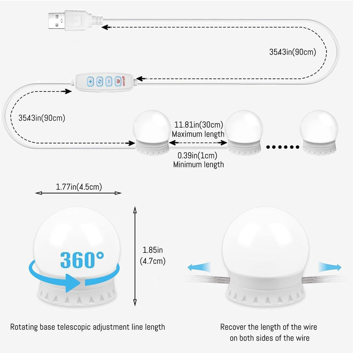 Hollywood Style LED Vanity Mirror Lights, USB Makeup Fill Light Adjustable Brightness & Color, Stick On for Dressing Room Bathroom, 14 Bulbs