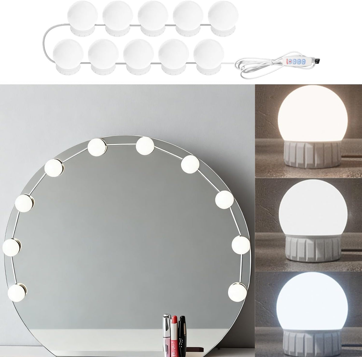 Hollywood Style LED Vanity Mirror Lights, USB Makeup Fill Light Adjustable Brightness & Color, Stick On for Dressing Room Bathroom, 14 Bulbs