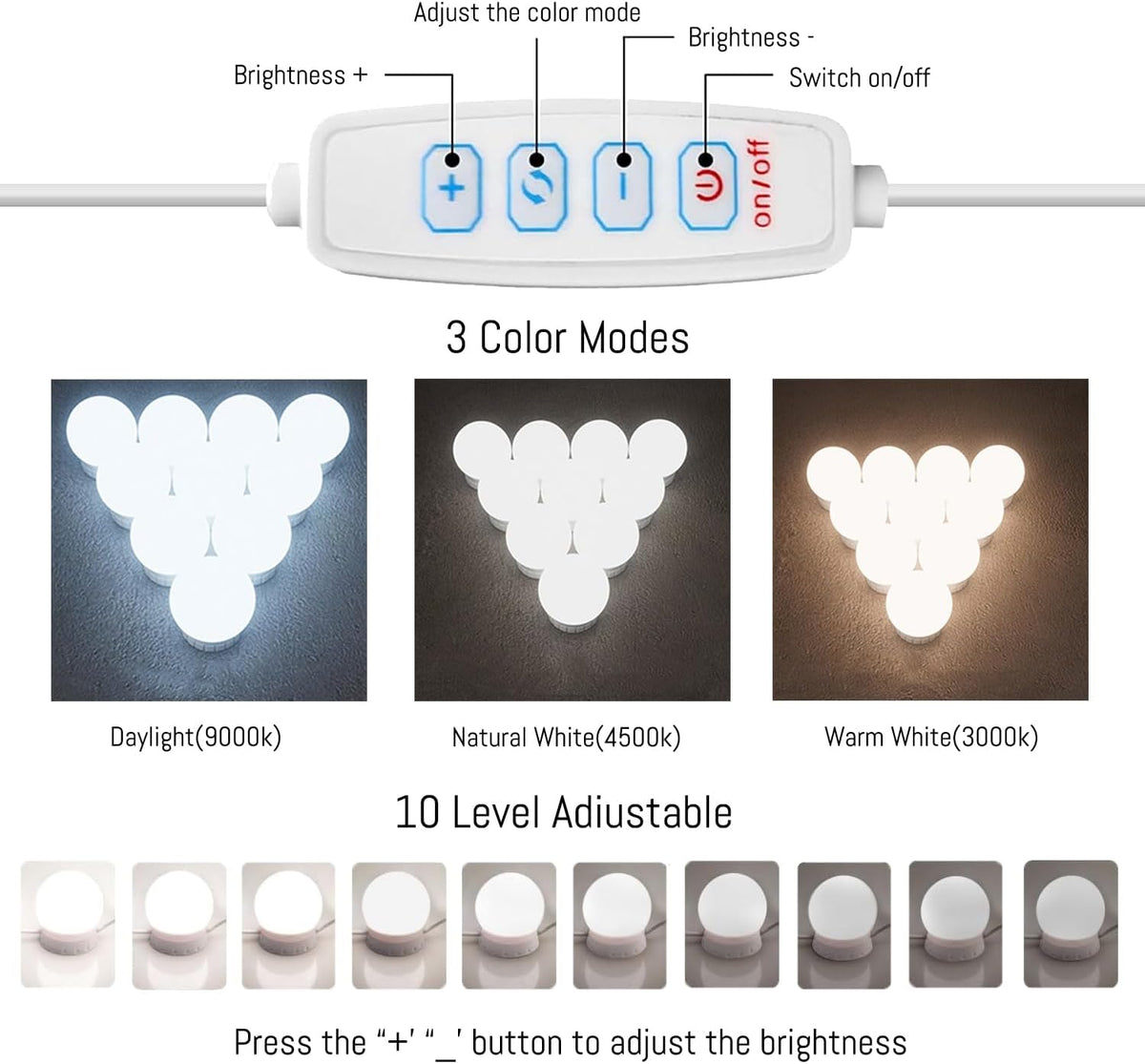 Hollywood Style LED Vanity Mirror Lights, USB Makeup Fill Light Adjustable Brightness & Color, Stick On for Dressing Room Bathroom, 14 Bulbs