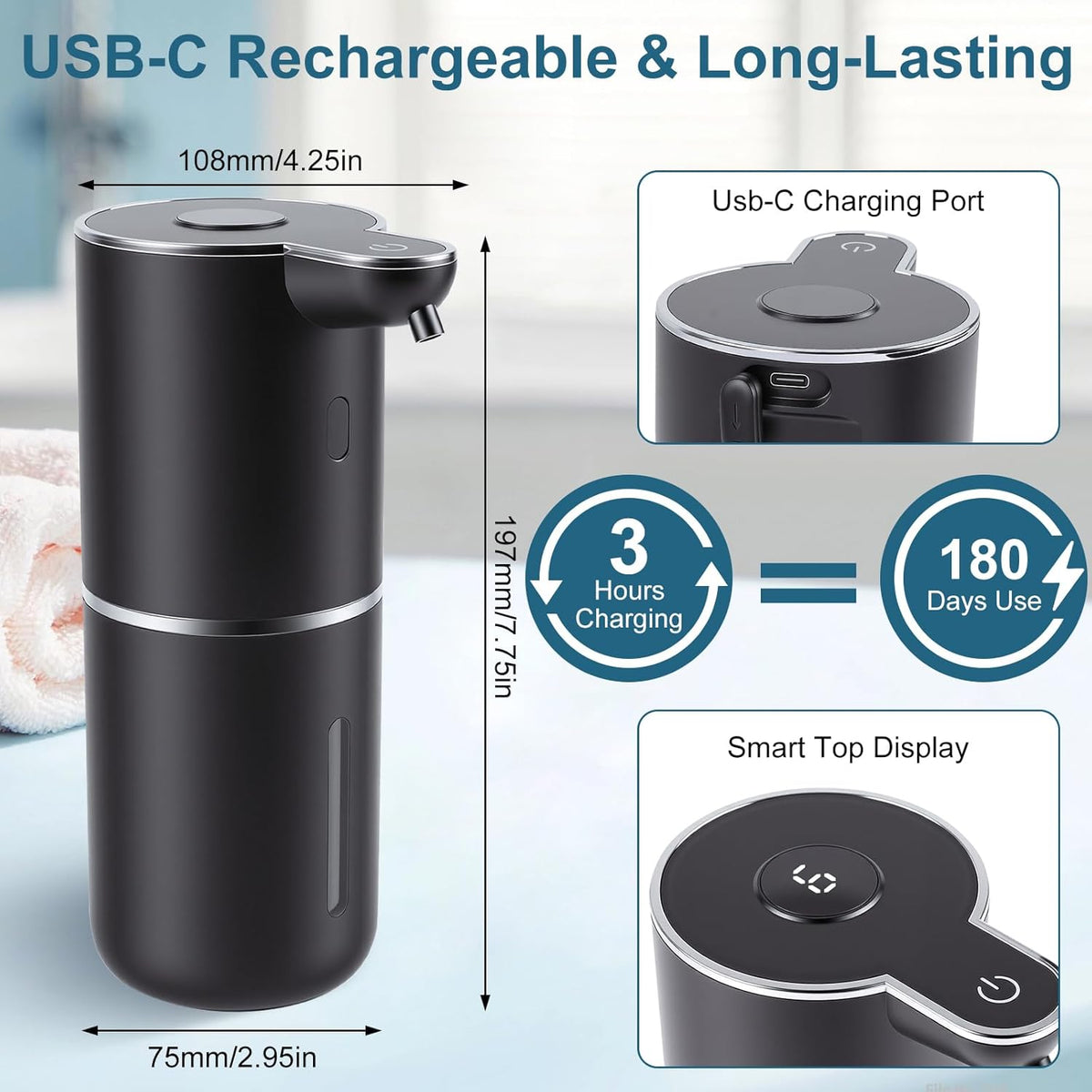 Automatic Soap Dispenser, Hand Soap Dispenser 12.8oz/380ml Smart Rechargeable, Liquid Soap Dispensers with 6-Level Touchless, Wall Mounted or Countertop Dish Soap Dispensing for Bathroom & Kitchen