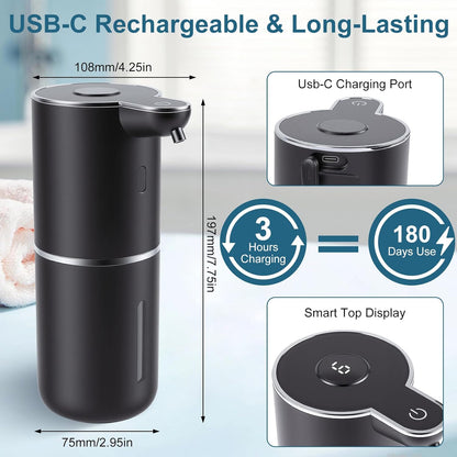 Automatic Soap Dispenser, Hand Soap Dispenser 12.8oz/380ml Smart Rechargeable, Liquid Soap Dispensers with 6-Level Touchless, Wall Mounted or Countertop Dish Soap Dispensing for Bathroom & Kitchen