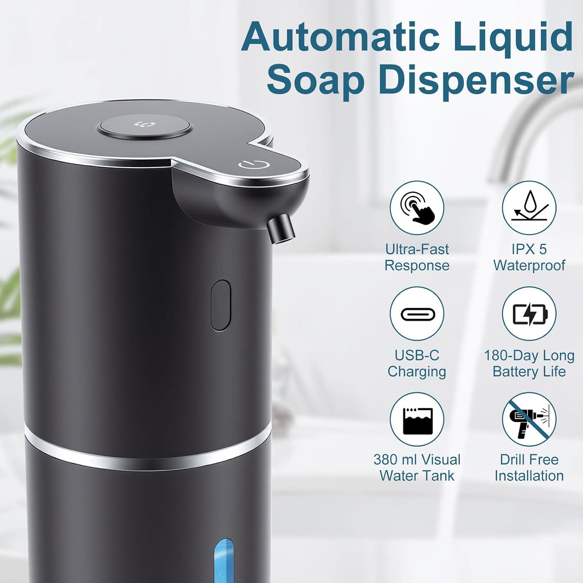 Automatic Soap Dispenser, Hand Soap Dispenser 12.8oz/380ml Smart Rechargeable, Liquid Soap Dispensers with 6-Level Touchless, Wall Mounted or Countertop Dish Soap Dispensing for Bathroom & Kitchen