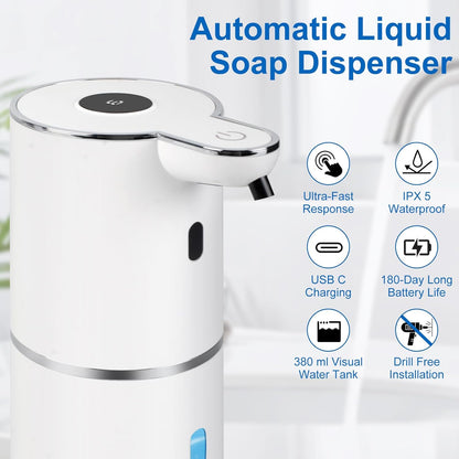 Automatic Soap Dispenser, Hand Soap Dispenser 12.8oz/380ml Smart Rechargeable, Liquid Soap Dispensers with 6-Level Touchless, Wall Mounted or Countertop Dish Soap Dispensing for Bathroom & Kitchen