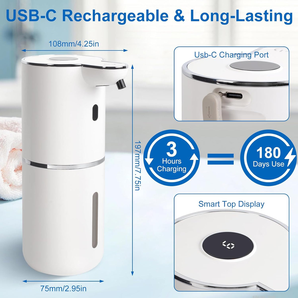 Automatic Soap Dispenser, Hand Soap Dispenser 12.8oz/380ml Smart Rechargeable, Liquid Soap Dispensers with 6-Level Touchless, Wall Mounted or Countertop Dish Soap Dispensing for Bathroom & Kitchen