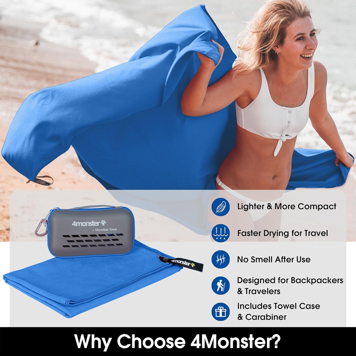 Quick Dry Travel Towel with Case & Carabiner – Super Absorbent Microfiber Gym & Camping Towel. Compact, Lightweight, Fast Drying for Beach, Swimming, Hiking, Backpacking