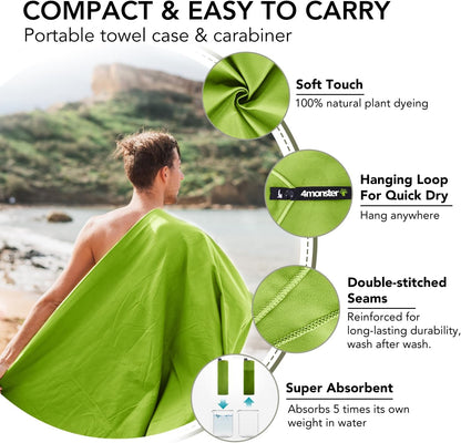 Quick Dry Travel Towel with Case & Carabiner – Super Absorbent Microfiber Gym & Camping Towel. Compact, Lightweight, Fast Drying for Beach, Swimming, Hiking, Backpacking