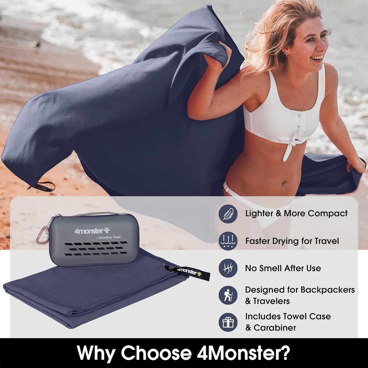 Quick Dry Travel Towel with Case & Carabiner – Super Absorbent Microfiber Gym & Camping Towel. Compact, Lightweight, Fast Drying for Beach, Swimming, Hiking, Backpacking
