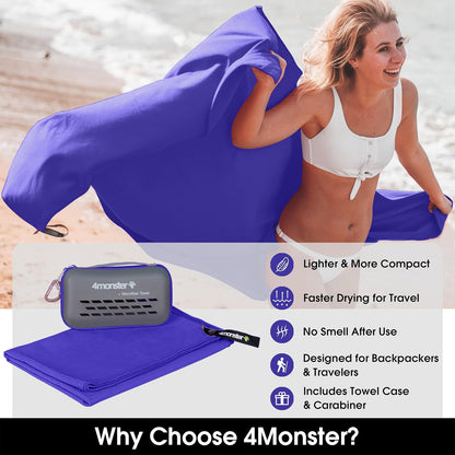 Quick Dry Travel Towel with Case & Carabiner – Super Absorbent Microfiber Gym & Camping Towel. Compact, Lightweight, Fast Drying for Beach, Swimming, Hiking, Backpacking