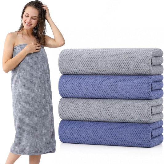 4 Pack Microfiber Bath Towels, 36 X 67 Inches Extra Large Bath Towels, Super Absorbent Soft Fast Drying Oversized Towel for Bathroom Gym Travel Pool Grey and Deep Blue