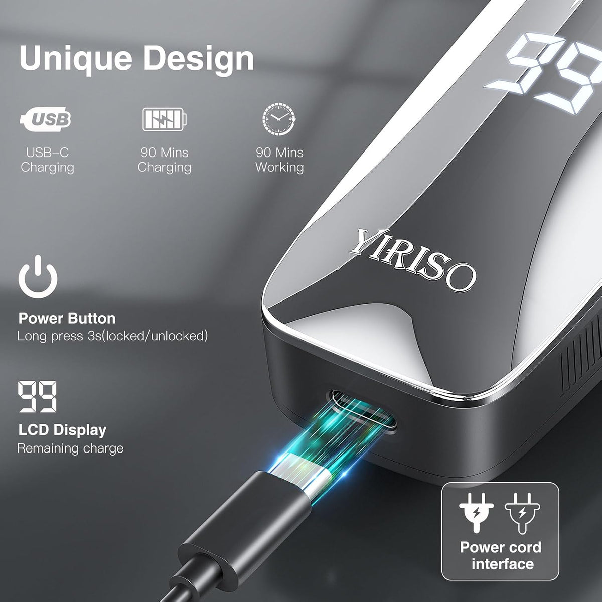 YIRISO Electric Razor for Men, 9000 RPM Smooth Rotary Shaver | 90Min Long-Lasting, 4D Floating Head, LCD Display, Sensitive Skin Suitable, IPX6 Waterproof, USB-C , Travel Lock& Travel Case