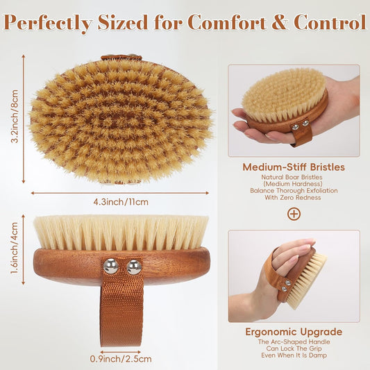 Dry Brushing Body Brush for Lymphatic Drainage & Cellulite Relief | Natural Boar Bristle lymphatic Dry Brush, Medium Firmness for Improved Blood Circulation