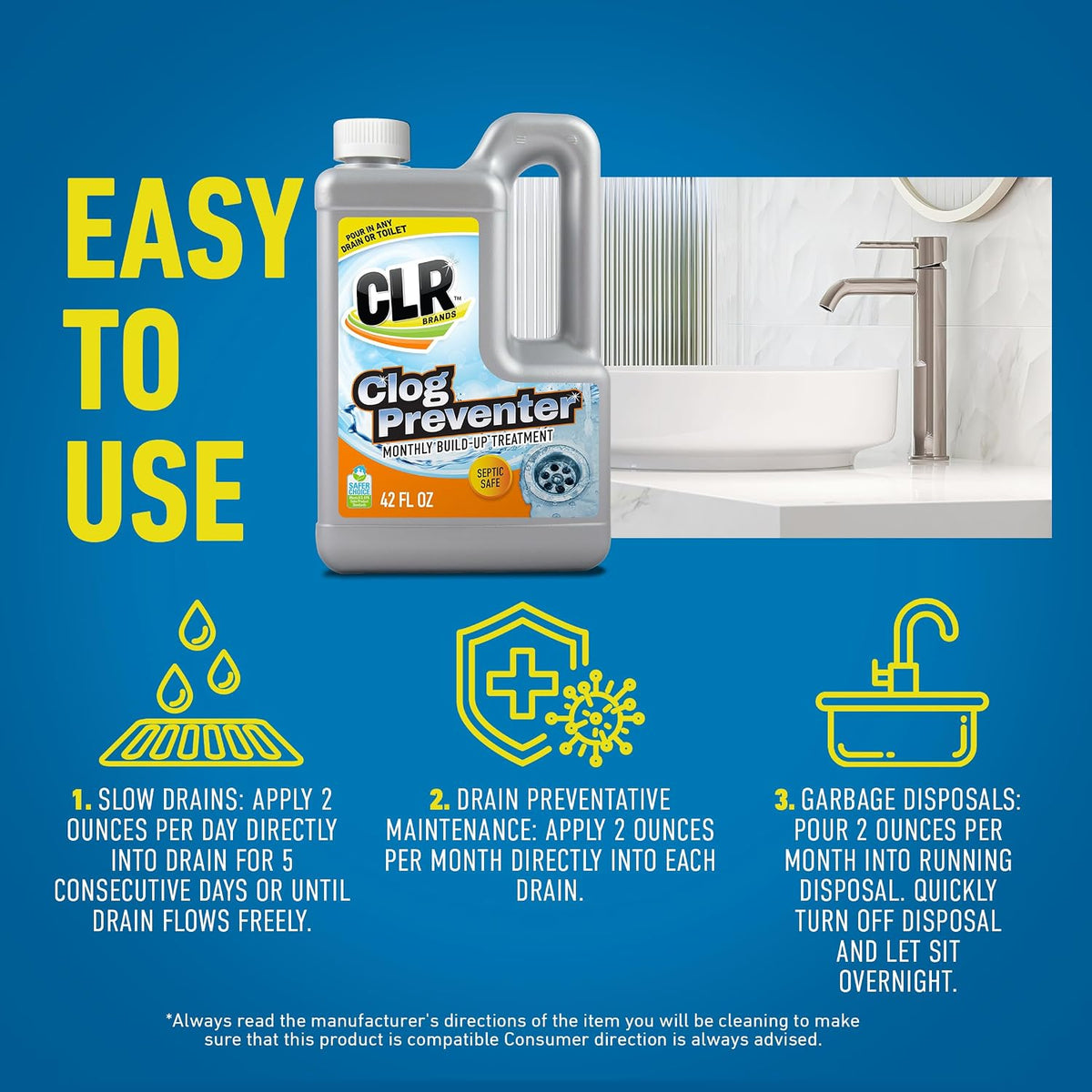 Clear Pipes & Drains Clog Remover and Cleaner, 42 oz.. Bottle
