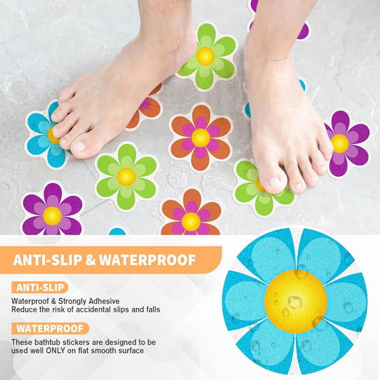 Non Slip Bathtub Stickers, 20 PCS Shower Stickers for Safety Bathroom Tubs, Bathtub Non Slip Stickers and Adhesive Decals Scraper for Bath Tub, Shower Floor(Bright Flowers)