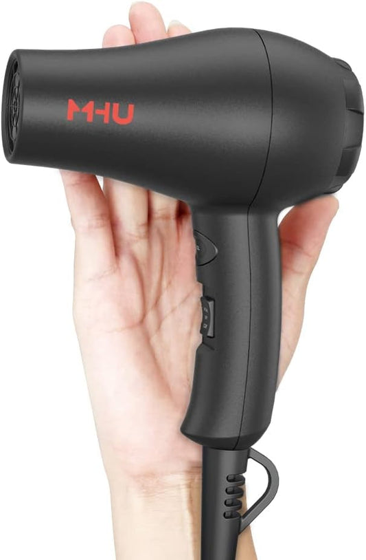 Travel Mini Hair Dryer Ceramic Ionic 1000 Watts Blow Dryer for RV Lightweight 2 Speed Settings with a Concentrator, Black
