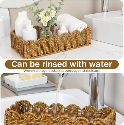 Scalloped Toilet Paper Basket: Water-Resistant Handmade Organizer - Natural Tan for Organic Back of Toilet Tank top & Scandinavian Kitchens